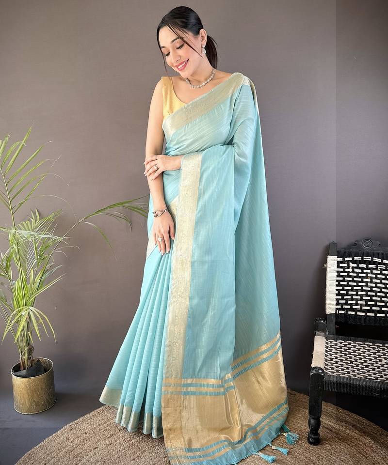 Sky blue striped, zari woven cotton saree with blouse
