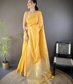 Yellow striped, zari woven cotton saree with blouse