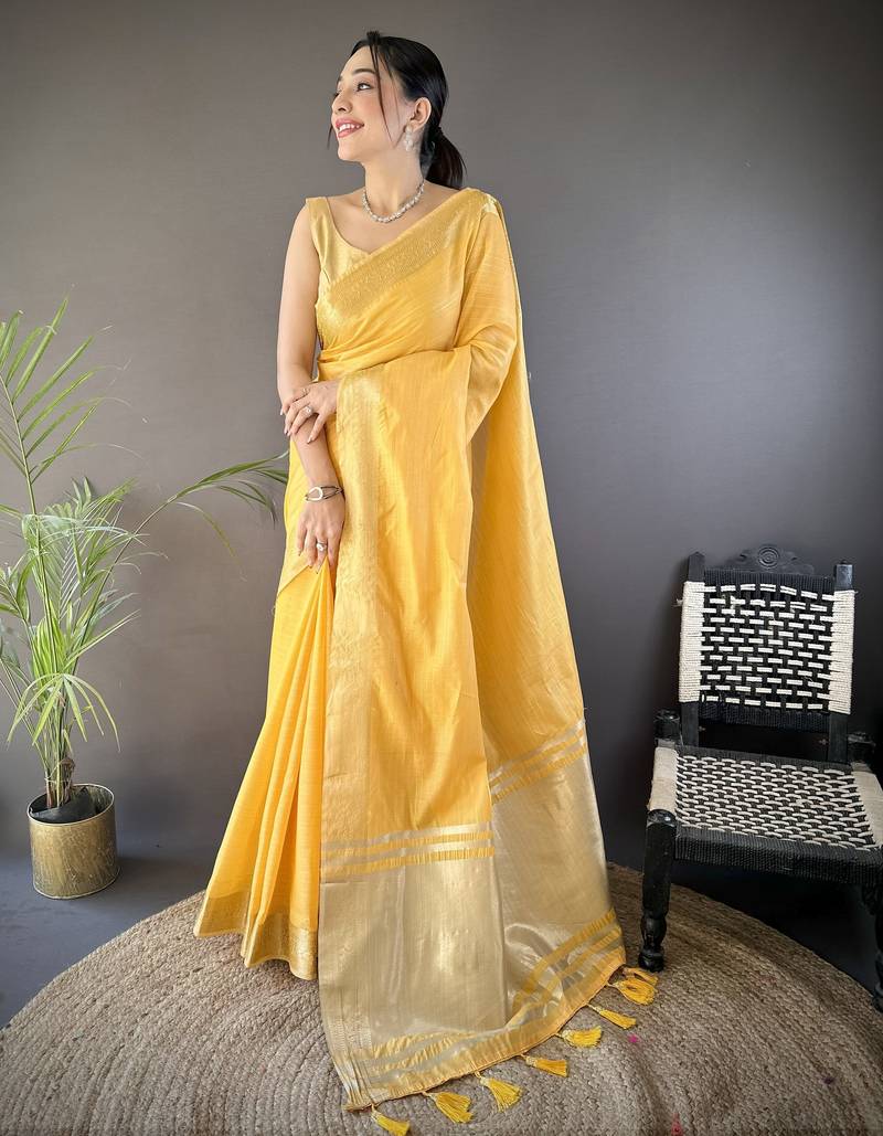 Yellow striped, zari woven cotton saree with blouse