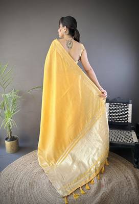 Yellow striped, zari woven cotton saree with blouse 4
