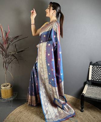 Blue floral zari woven banarasi silk blend saree with blouse 4