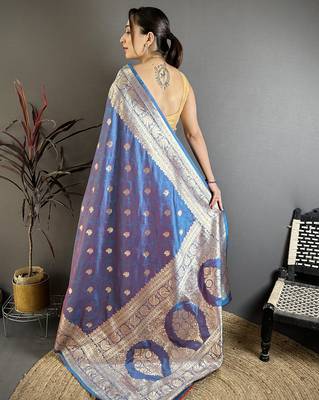 Blue floral zari woven banarasi silk blend saree with blouse 5