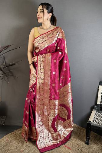 Dark pink floral, zari woven banarasi silk saree with blouse