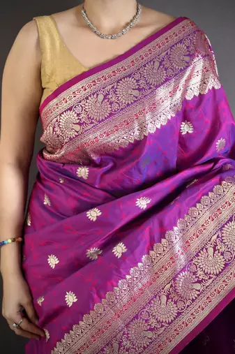 Magenta floral, zari woven banarasi silk saree with blouse