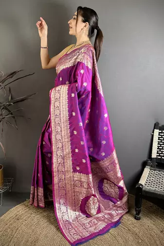 Magenta floral, zari woven banarasi silk saree with blouse