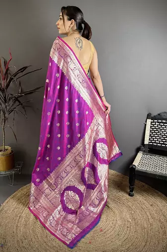 Magenta floral, zari woven banarasi silk saree with blouse