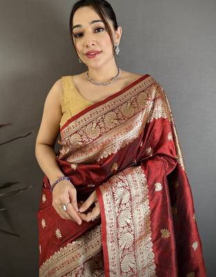 Maroon floral zari woven banarasi silk blend saree with blouse 2