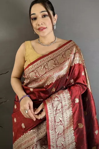 Maroon floral, zari woven banarasi silk saree with blouse