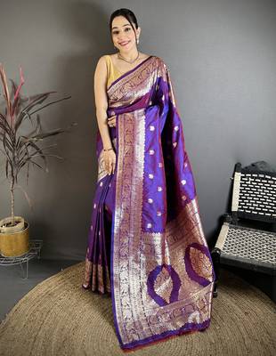 Purple floral zari woven banarasi silk blend saree with blouse 1