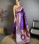 Purple floral, zari woven banarasi silk saree with blouse