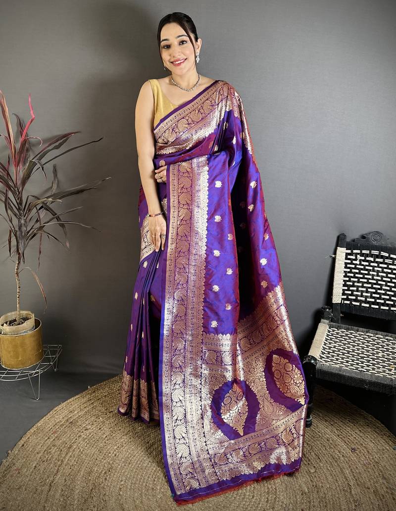 Purple floral, zari woven banarasi silk saree with blouse