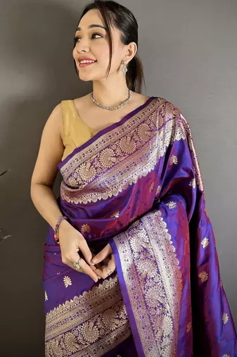 Purple floral, zari woven banarasi silk saree with blouse