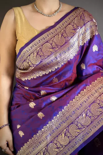 Purple floral, zari woven banarasi silk saree with blouse
