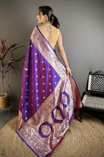 Purple floral, zari woven banarasi silk saree with blouse