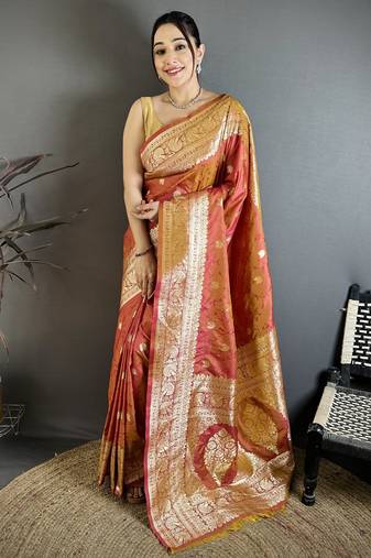 Rust orange floral, zari woven banarasi silk saree with blouse