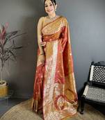 Rust orange floral, zari woven banarasi silk saree with blouse