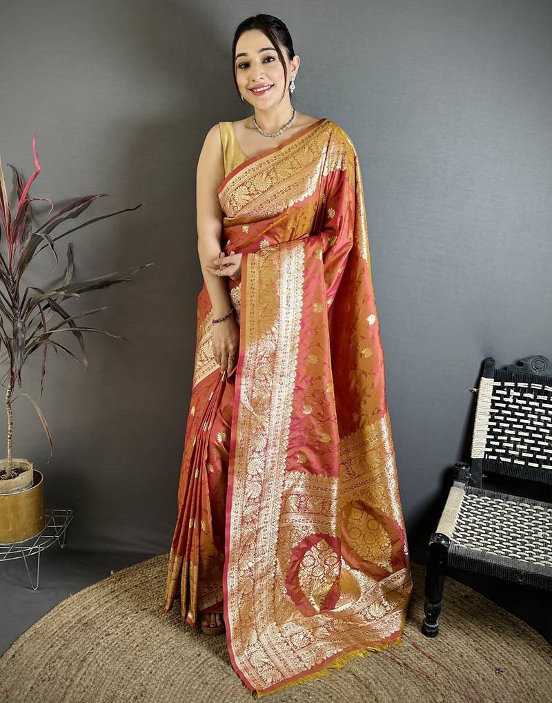 Rust orange floral, zari woven banarasi silk saree with blouse