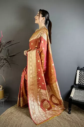 Rust orange floral, zari woven banarasi silk saree with blouse