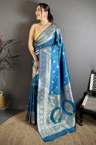Teal blue floral, zari woven banarasi silk saree with blouse