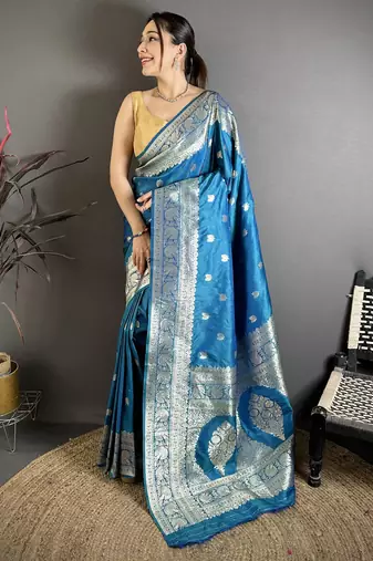 Teal blue floral, zari woven banarasi silk saree with blouse