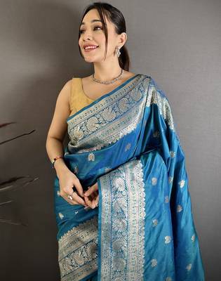 Teal blue floral zari woven banarasi silk blend saree with blouse 2