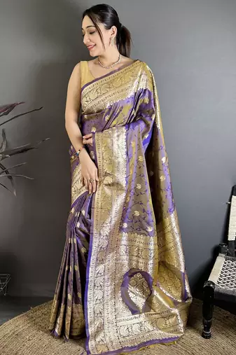 Violet floral, zari woven banarasi silk saree with blouse