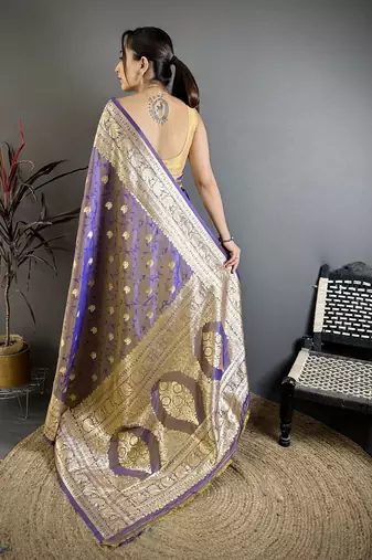 Violet floral, zari woven banarasi silk saree with blouse
