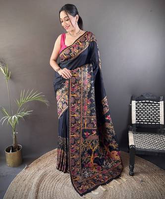 Black floral meenakari zari woven pashmina silk blend saree with blouse 1