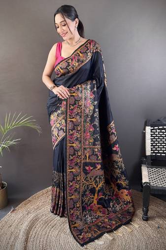 Black floral, meenakari, zari woven pashmina silk saree with blouse