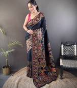 Black floral, meenakari, zari woven pashmina silk saree with blouse