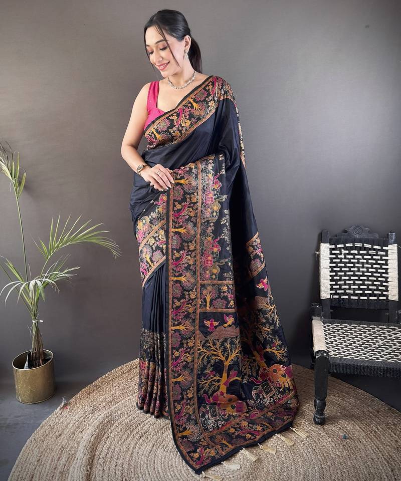 Black floral, meenakari, zari woven pashmina silk saree with blouse