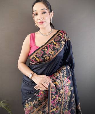 Black floral meenakari zari woven pashmina silk blend saree with blouse 2