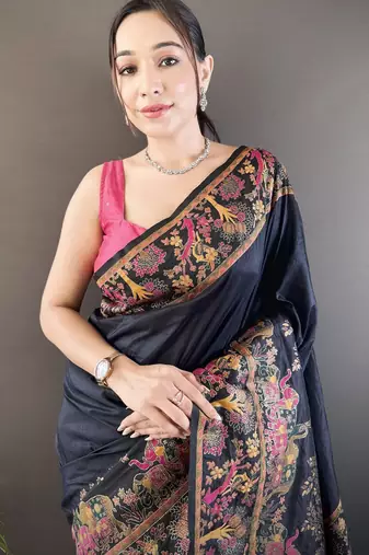 Black floral, meenakari, zari woven pashmina silk saree with blouse