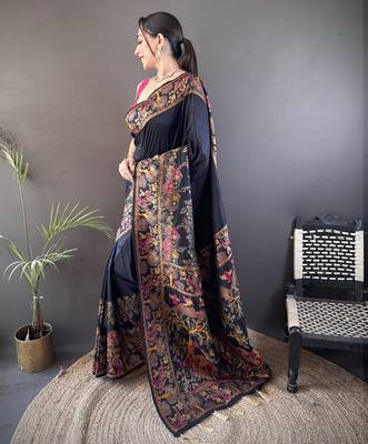 Black floral meenakari zari woven pashmina silk blend saree with blouse 3