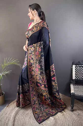 Black floral, meenakari, zari woven pashmina silk saree with blouse