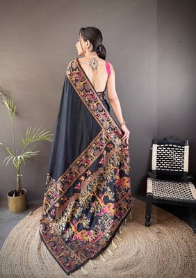 Black floral meenakari zari woven pashmina silk blend saree with blouse 4