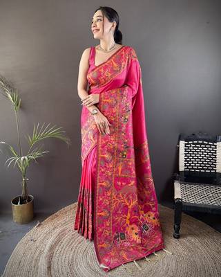 Dark pink floral meenakari zari woven pashmina silk blend saree with blouse 1