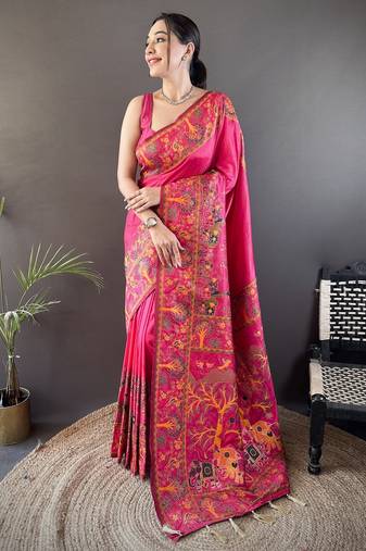 Dark pink floral, meenakari, zari woven pashmina silk saree with blouse