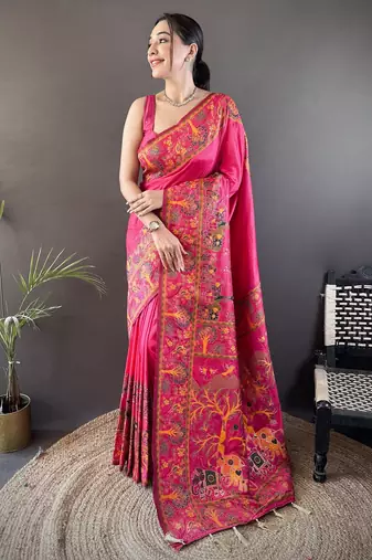 Dark pink floral, meenakari, zari woven pashmina silk saree with blouse