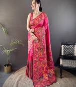 Dark pink floral, meenakari, zari woven pashmina silk saree with blouse