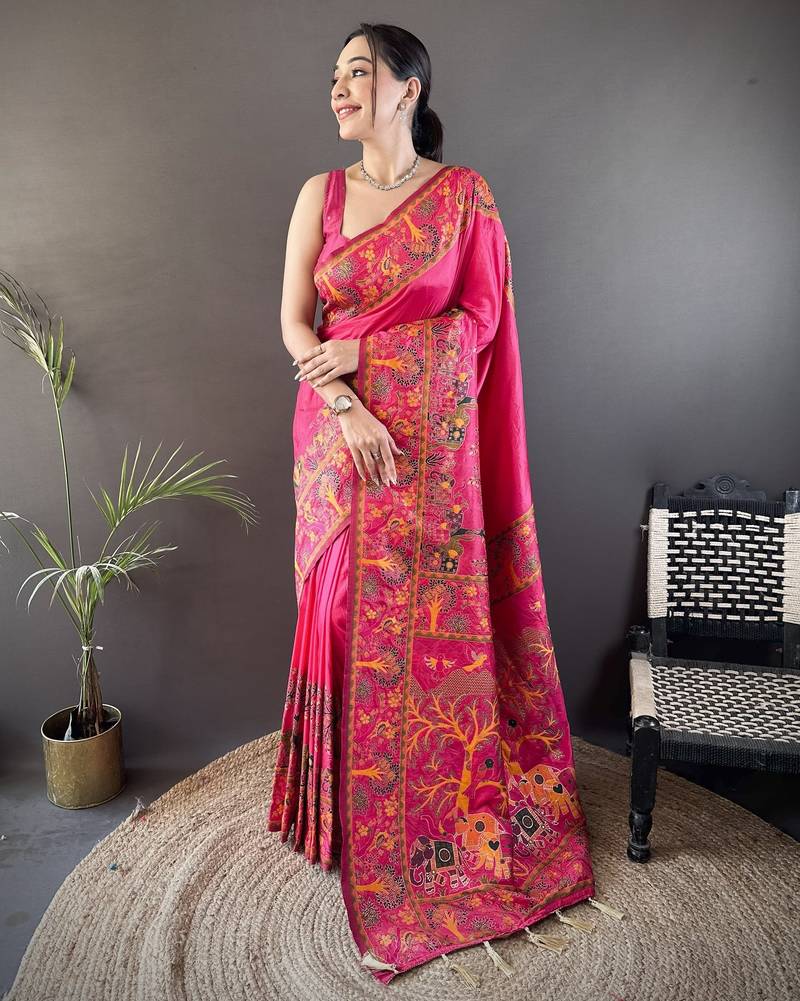 Dark pink floral, meenakari, zari woven pashmina silk saree with blouse