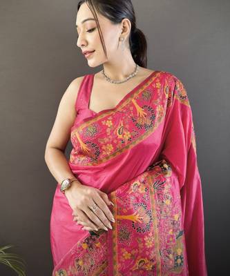 Dark pink floral meenakari zari woven pashmina silk blend saree with blouse 2