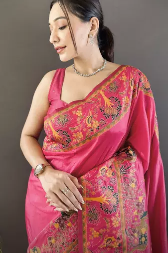 Dark pink floral, meenakari, zari woven pashmina silk saree with blouse