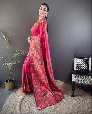 Dark pink floral meenakari zari woven pashmina silk blend saree with blouse 3