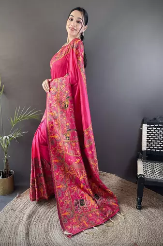 Dark pink floral, meenakari, zari woven pashmina silk saree with blouse