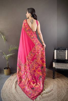 Dark pink floral meenakari zari woven pashmina silk blend saree with blouse 4