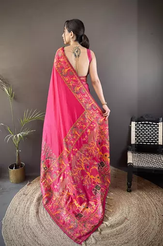 Dark pink floral, meenakari, zari woven pashmina silk saree with blouse