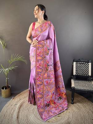 Lavender floral meenakari zari woven pashmina silk blend saree with blouse 1