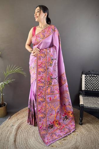 Lavender floral, meenakari, zari woven pashmina silk saree with blouse