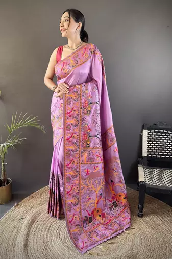 Lavender floral, meenakari, zari woven pashmina silk saree with blouse